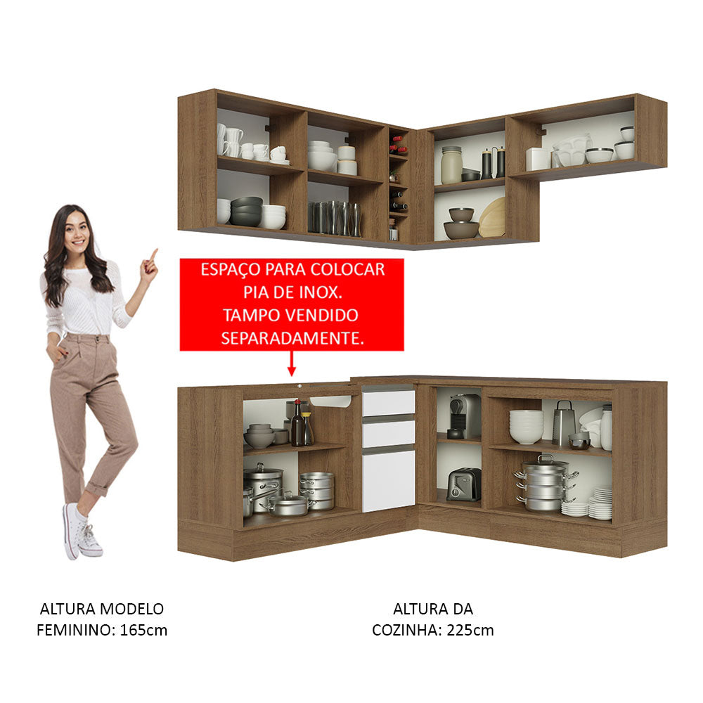 Armário de Cozinha Completa de Canto 349cm Rustic Branco Glamy Madesa 03