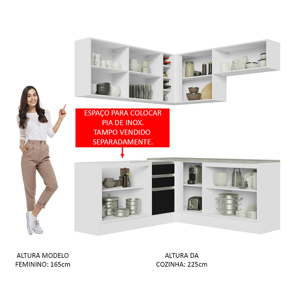 Armário de Cozinha Completa de Canto 349cm Branco Preto Glamy Madesa 03