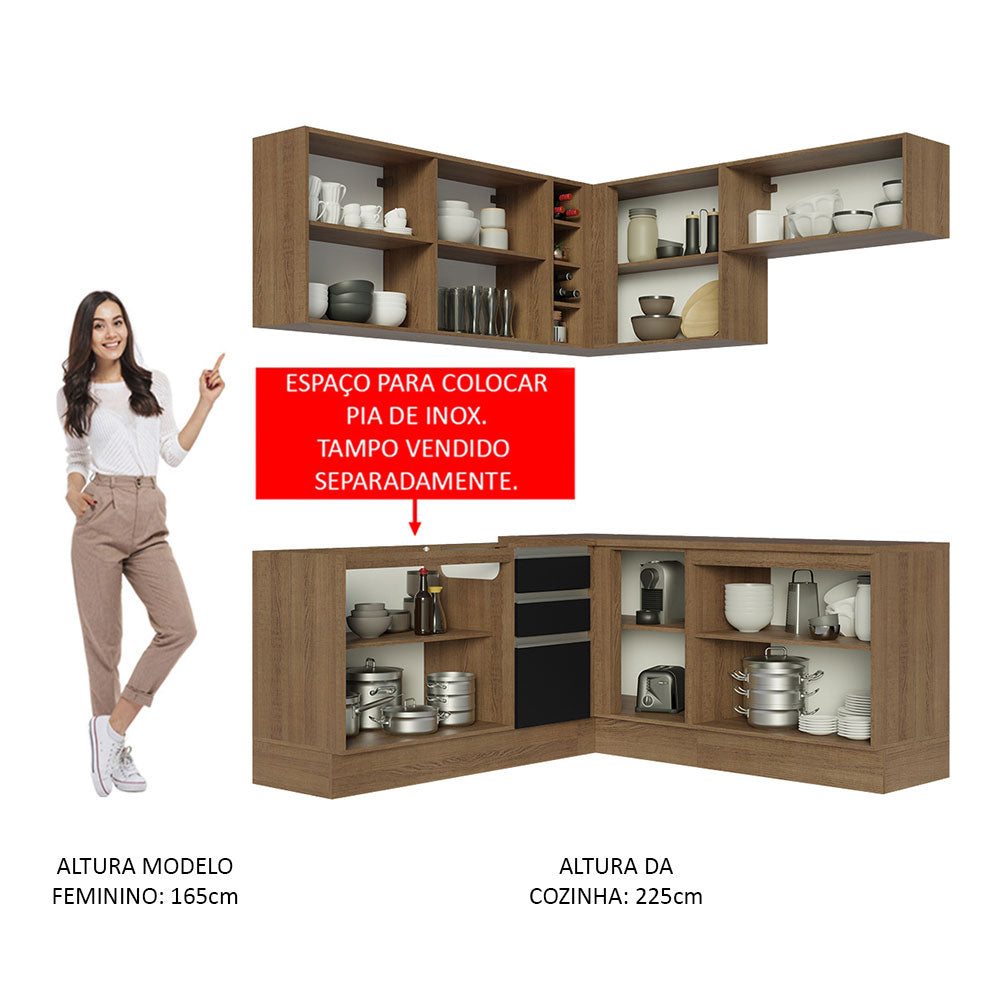 Armário de Cozinha Completa de Canto 349cm Rustic Preto Glamy Madesa 03
