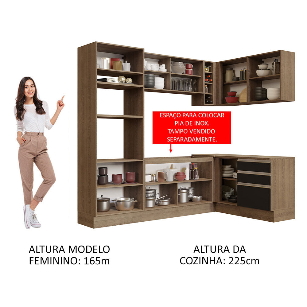 Armário de Cozinha Completa de Canto 399cm Rustic Preto Glamy Madesa 02