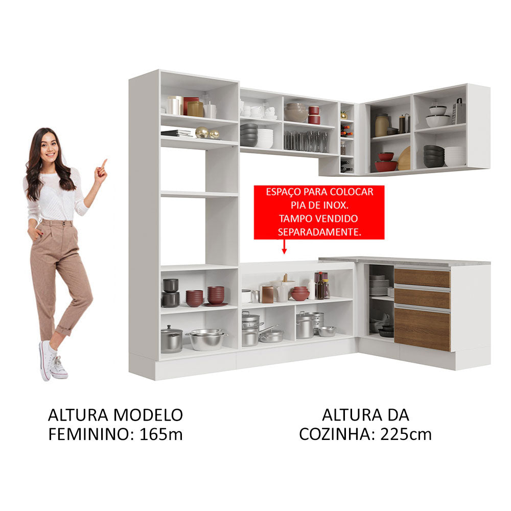 Armário de Cozinha Completa de Canto 399cm Branco Rustic Glamy Madesa 02