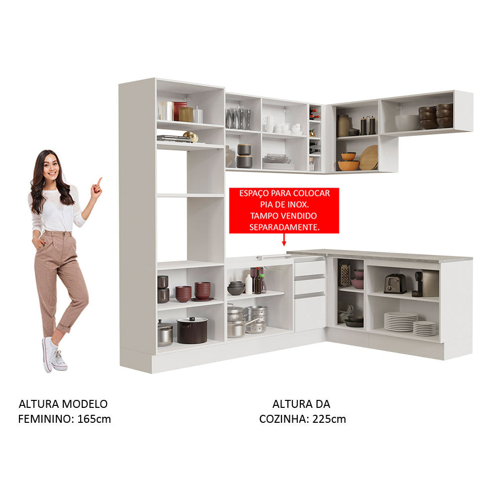 Armário de Cozinha Completa de Canto 419cm Branco Glamy Madesa 01