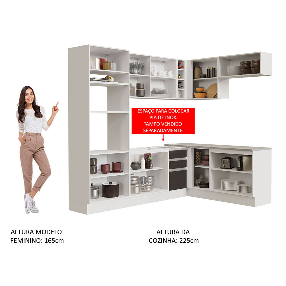 Armário de Cozinha Completa de Canto 419cm Branco/Preto Glamy Madesa 01