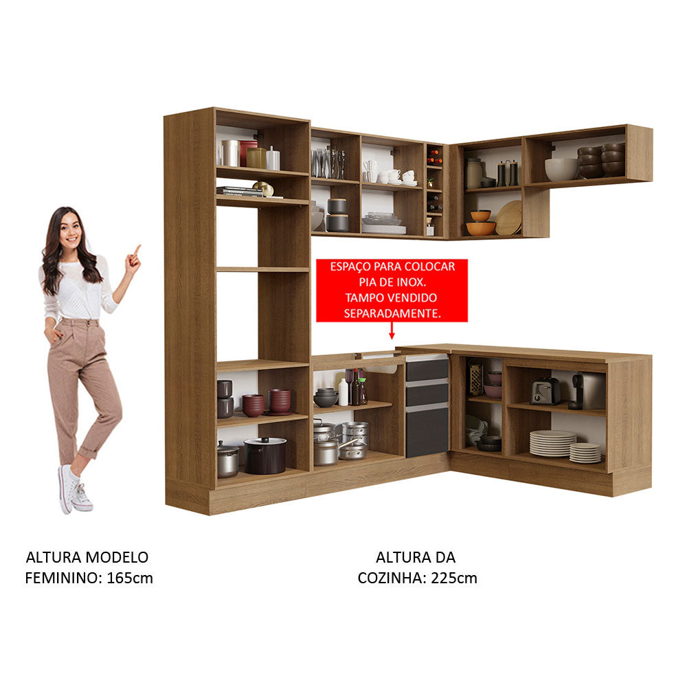 Armário de Cozinha Completa de Canto 419cm Rustic/Preto Glamy Madesa 01