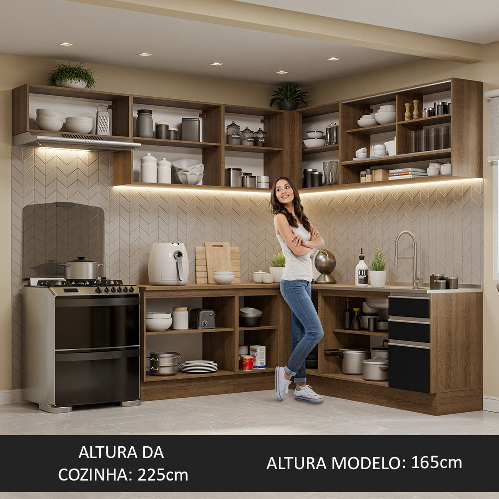 Armário de Cozinha Completa de Canto 469cm Rustic/Preto Glamy Madesa 01