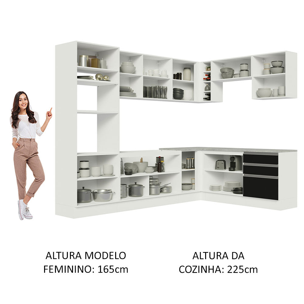 Armário de Cozinha Completa de Canto 479cm Branco Preto Glamy Madesa 01