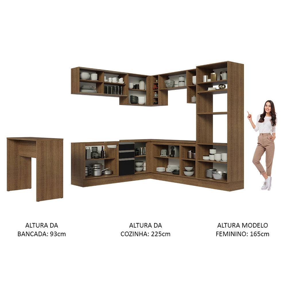 Armário de Cozinha Completa de Canto 504cm Rustic/Preto Glamy Madesa 01