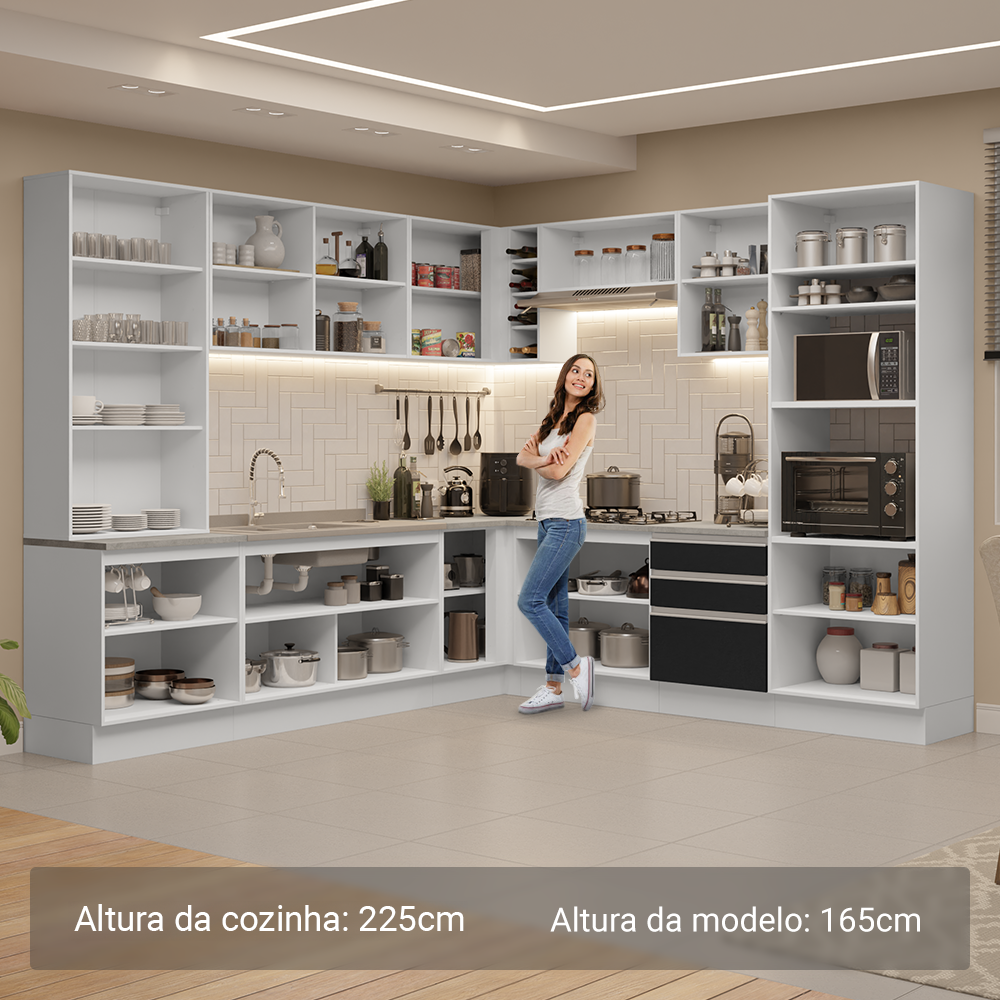 Armário de Cozinha Completa 549cm Branco/Preto Glamy Madesa 01