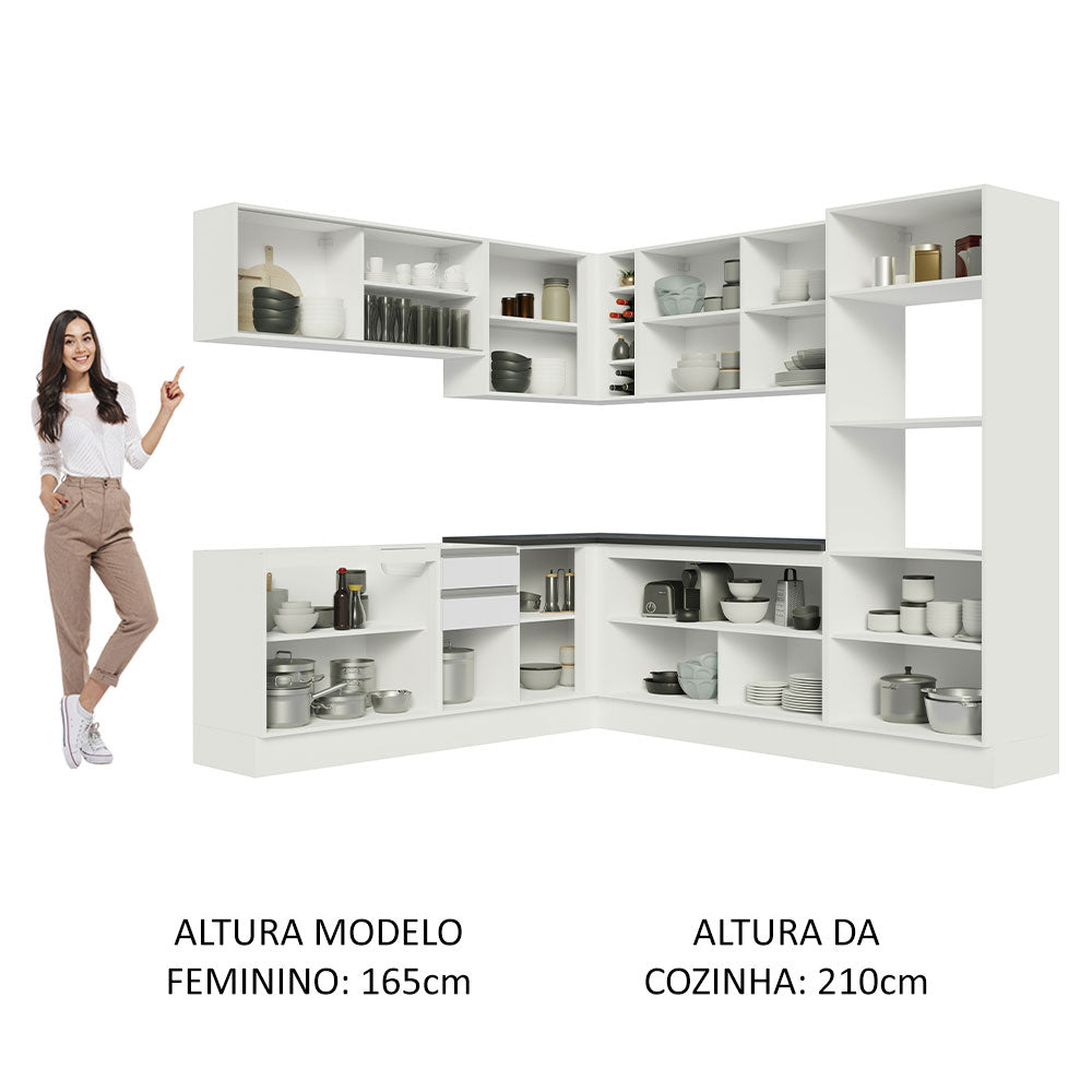 Armário de Cozinha Completa de Canto 100% MDF 459cm Frentes Branco Brilho Acordes Madesa 01