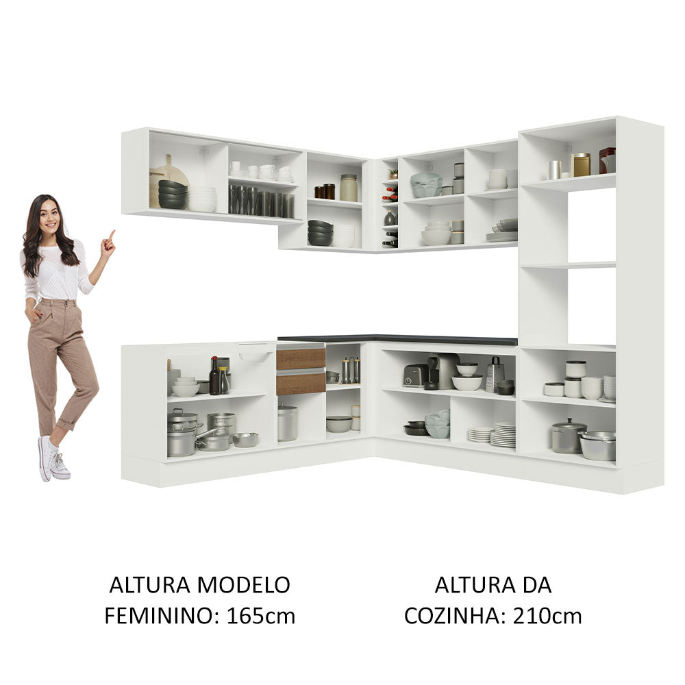 Armário de Cozinha Completa de Canto 100% MDF 459cm Branco/Rustic Acordes Madesa 01