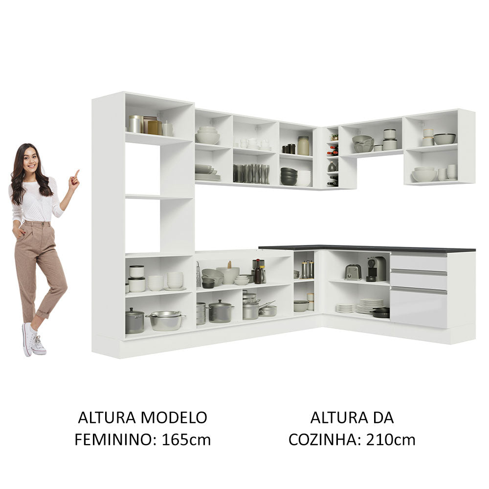 Armário de Cozinha Completa de Canto 100% MDF 479cm Frentes Branco Brilho Acordes Madesa 03