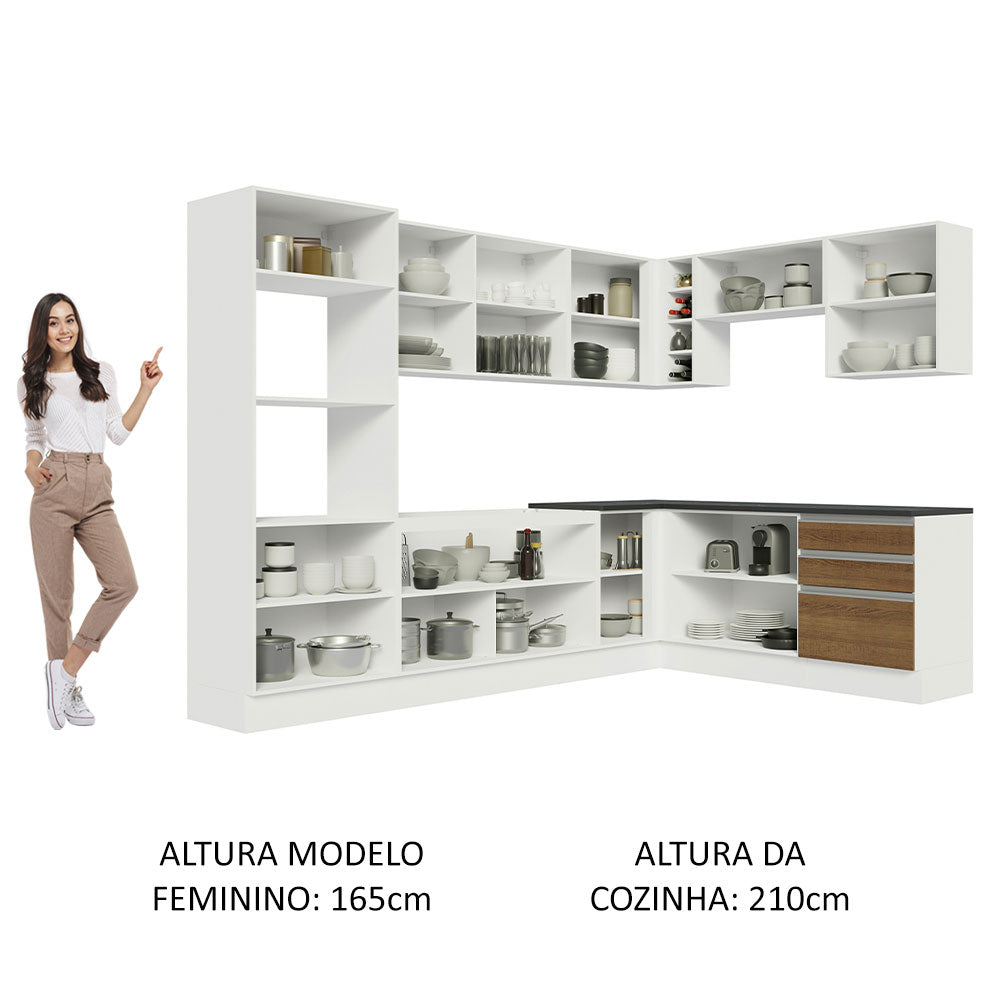 Armário de Cozinha Completa de Canto 100% MDF 479cm Branco/Rustic Acordes Madesa 03