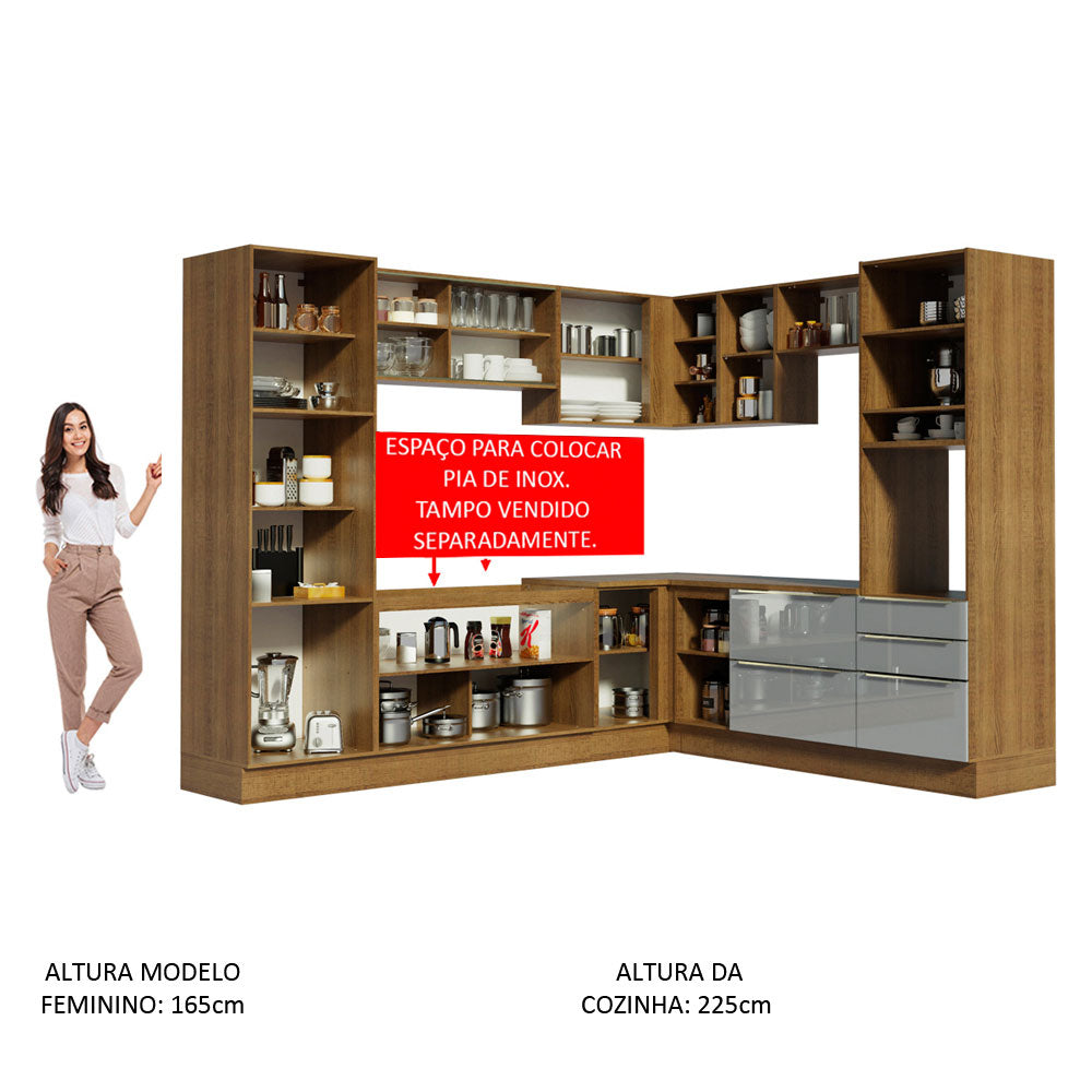 Armário de Cozinha Completa de Canto 526cm Rustic/Cinza Lux Madesa 01