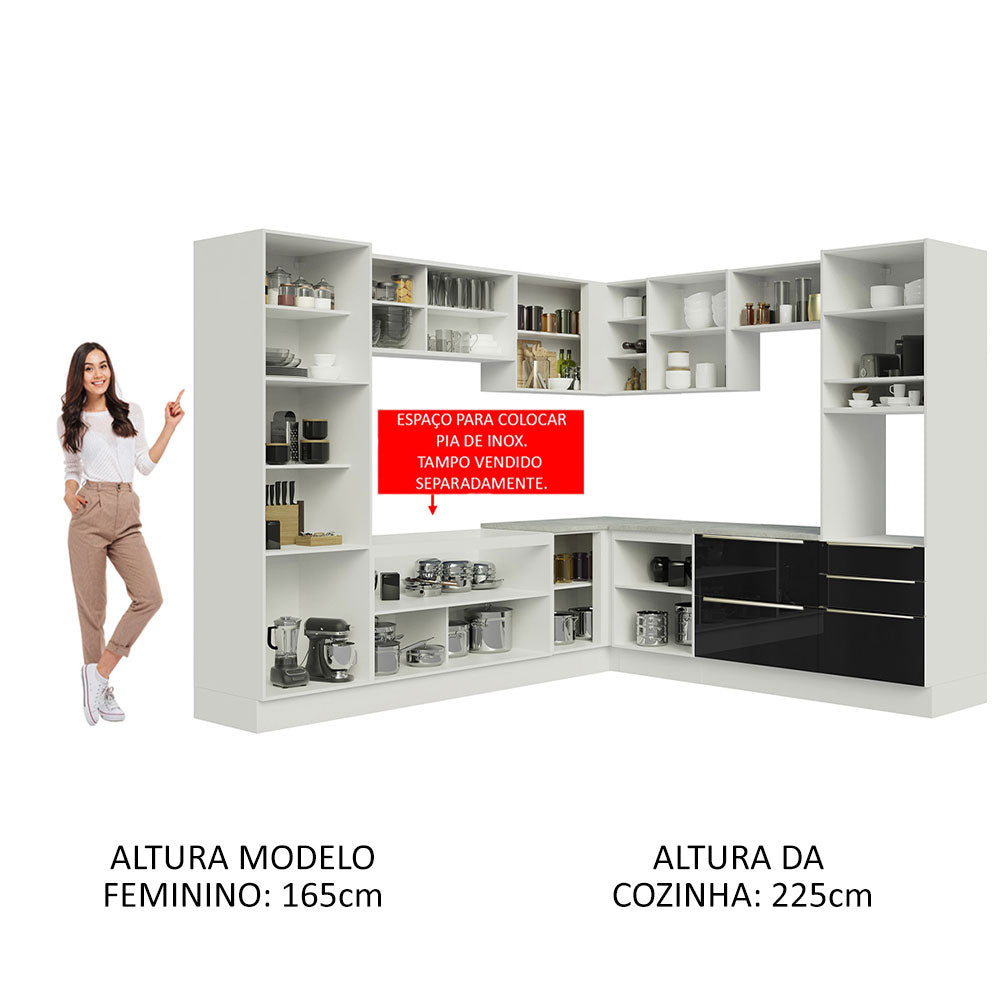 Armário de Cozinha Completa de Canto 546 x 60 cm Branco/Preto Lux Madesa 01