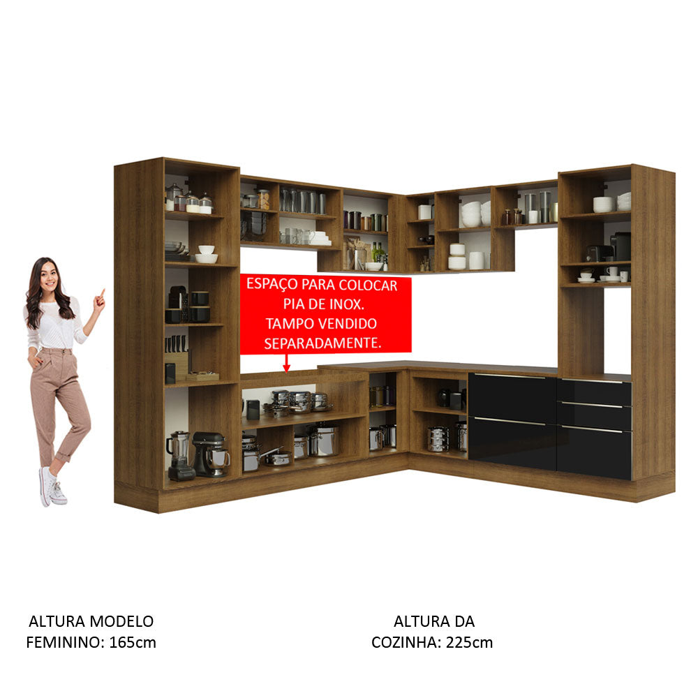 Armário de Cozinha Completa de Canto 546 x 60 cm Rustic/Preto Lux Madesa 01