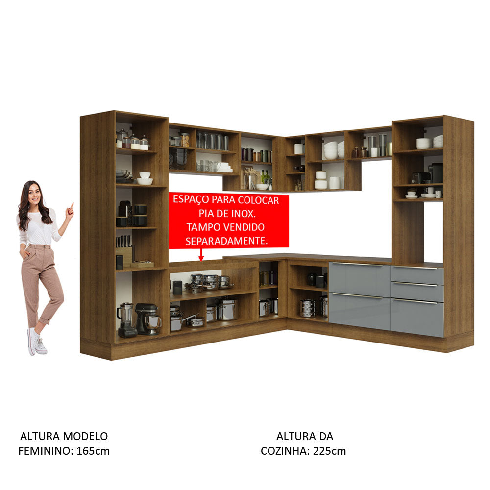 Armário de Cozinha Completa de Canto 546 x 60 cm Rustic/Cinza Lux Madesa 01