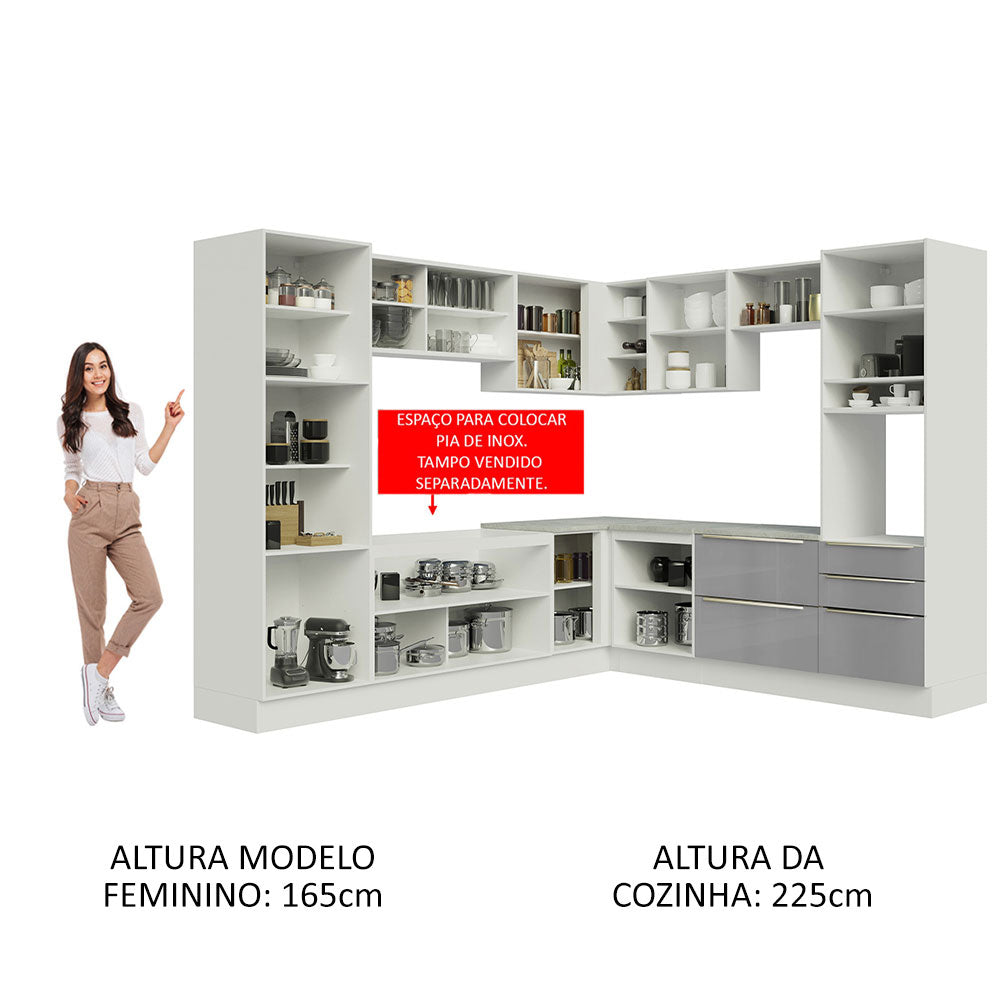 Armário de Cozinha Completa de Canto 546 x 60 cm Branco/Cinza Lux Madesa 01