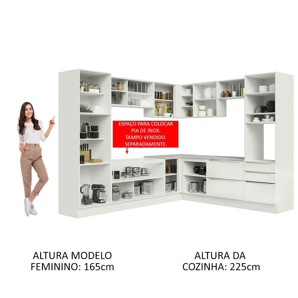 Armário de Cozinha Completa de Canto 546 x 60 cm Branco/Branco Veludo Lux Madesa 01