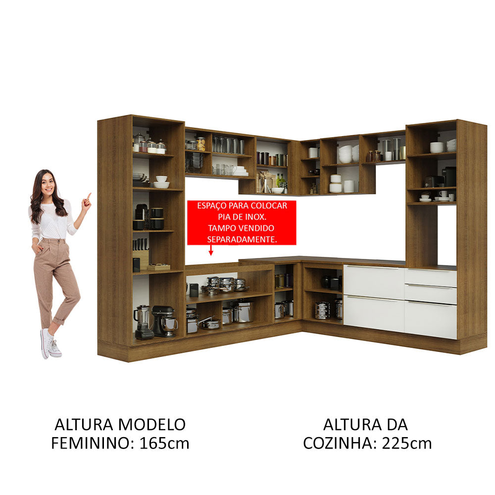 Armário de Cozinha Completa de Canto 546 x 60 cm Rustic/Branco Veludo Lux Madesa 01