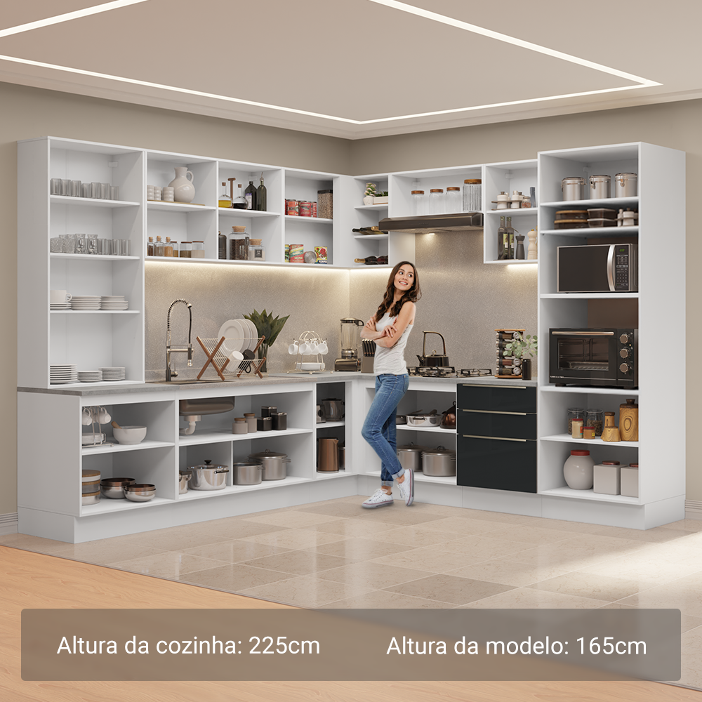 Armário de Cozinha Completa 566cm Branco/Preto Lux Madesa 01