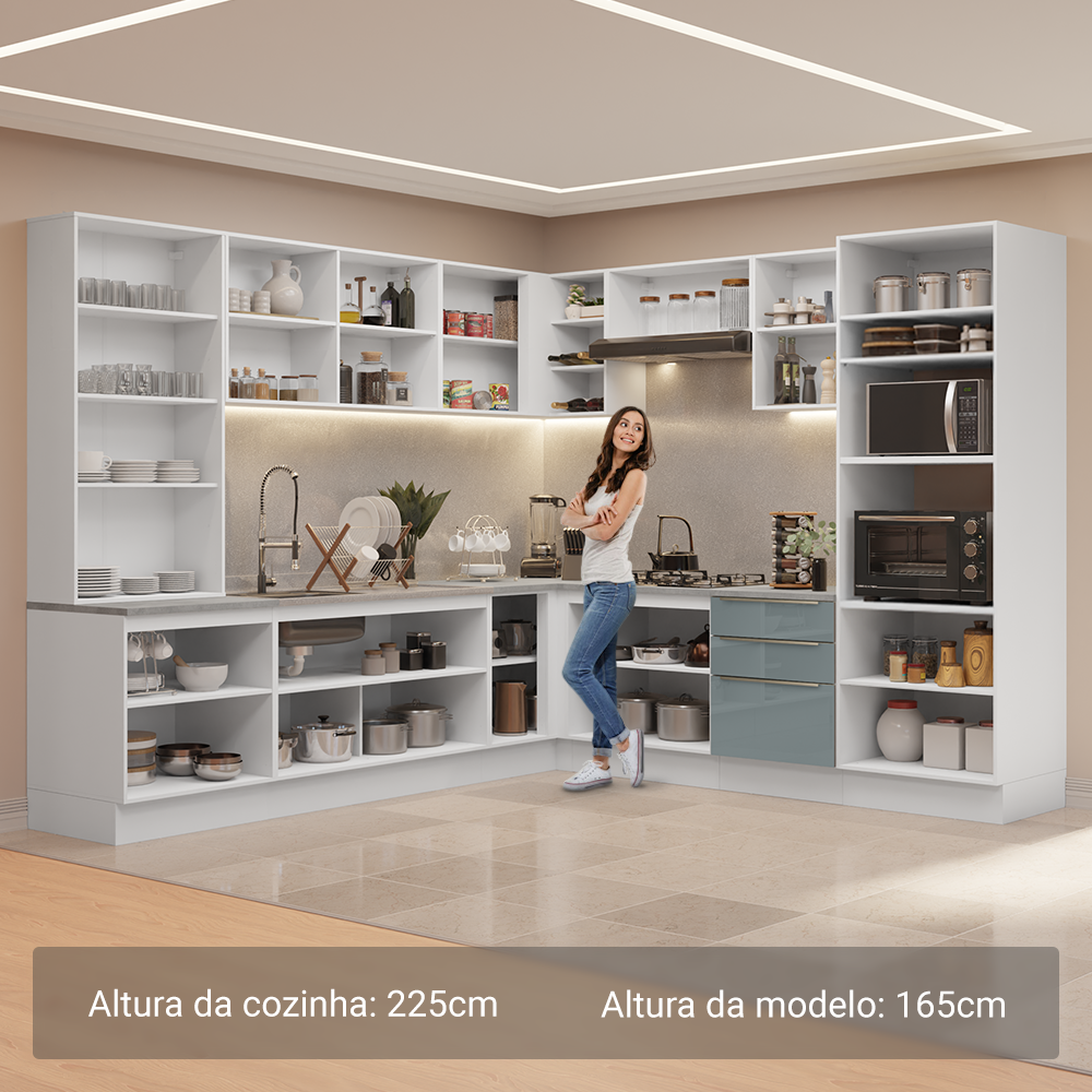 Armário de Cozinha Completa 566cm Branco/Cinza Lux Madesa 01