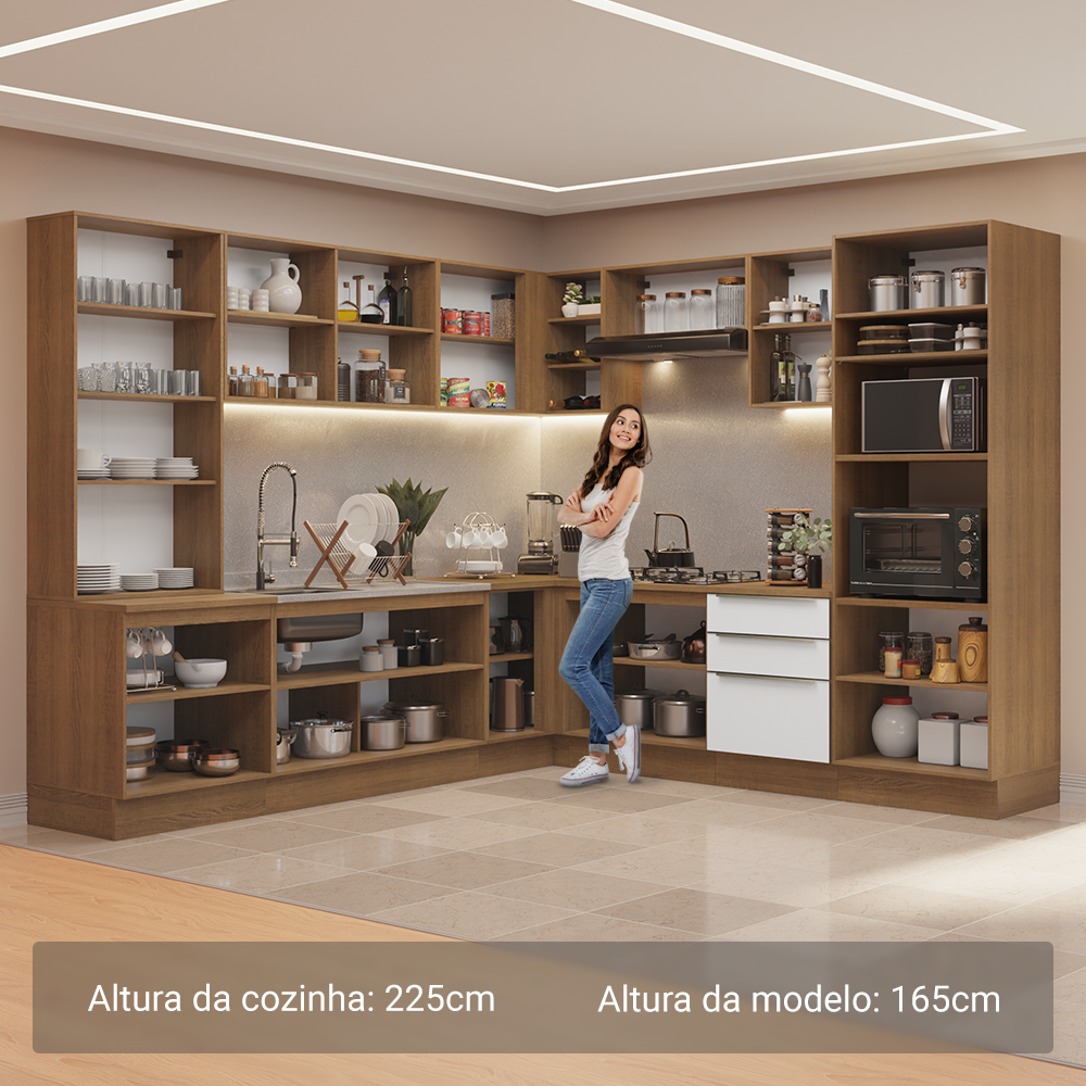 Armário de Cozinha Completa 566cm Rustic/Branco Veludo Lux Madesa 01