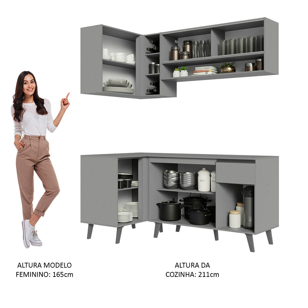 Armário de Cozinha Completa de Canto 265cm Cinza Nice Madesa 01