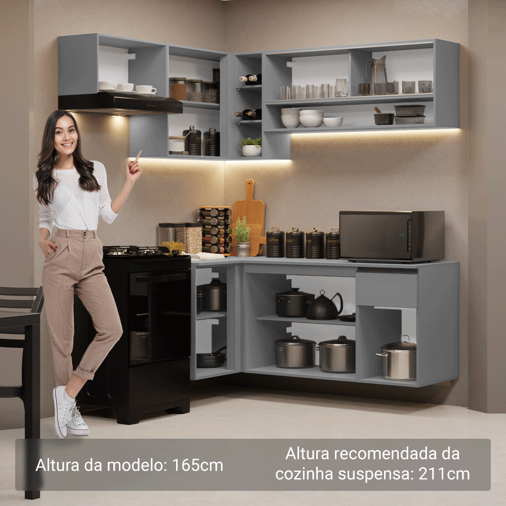 Armário de Cozinha Completa de Canto Suspenso 325cm Cinza Nice Madesa 01