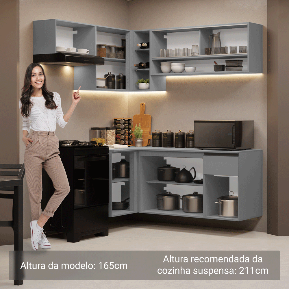 Armário de Cozinha Completa de Canto Suspenso 325cm Cinza Nice Madesa 02