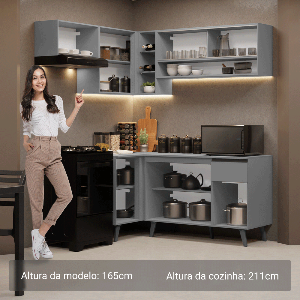 Armário de Cozinha Completa de Canto 325cm Cinza Nice Madesa 03