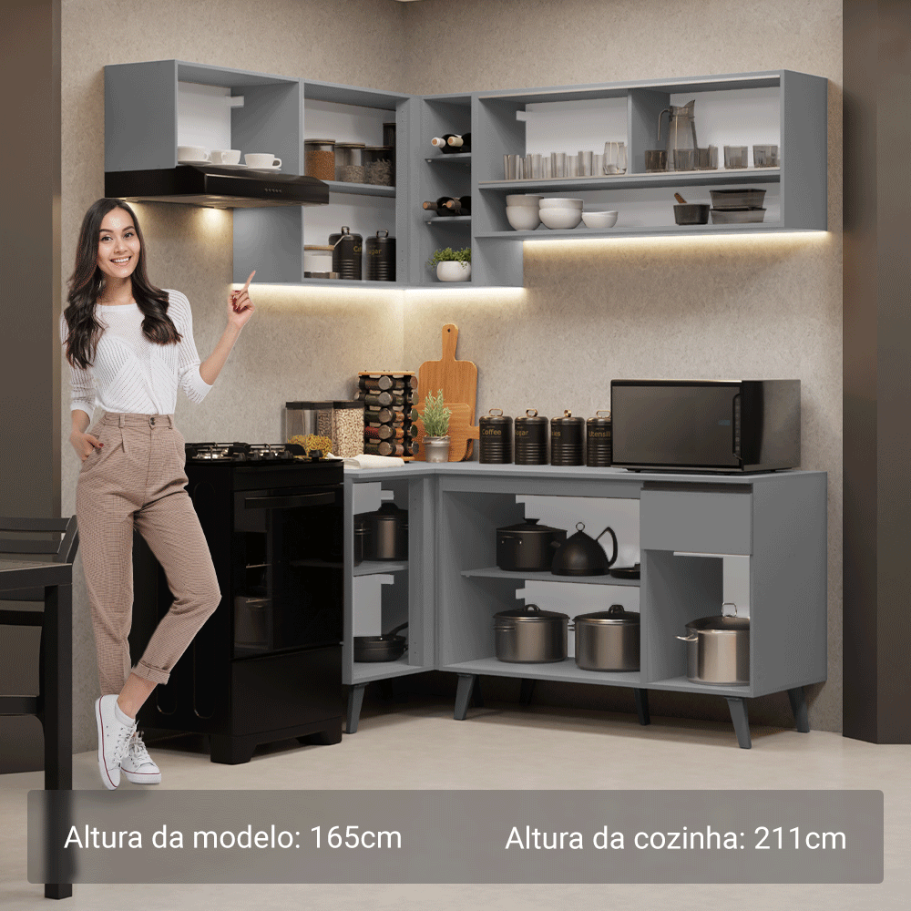 Armário de Cozinha Completa de Canto 325cm Cinza Nice Madesa 04