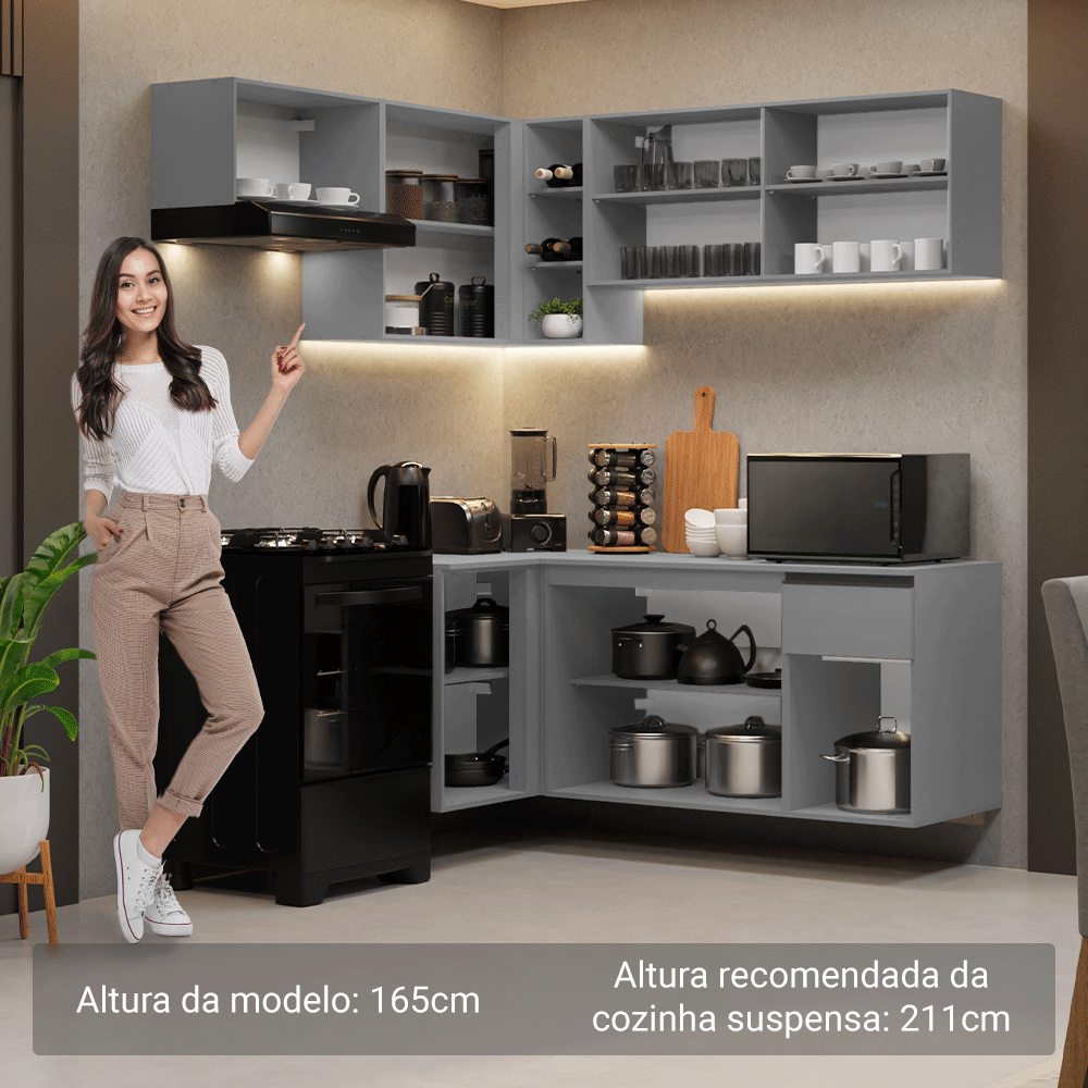 Armário de Cozinha Completa de Canto Suspenso 325cm Cinza Nice Madesa 05