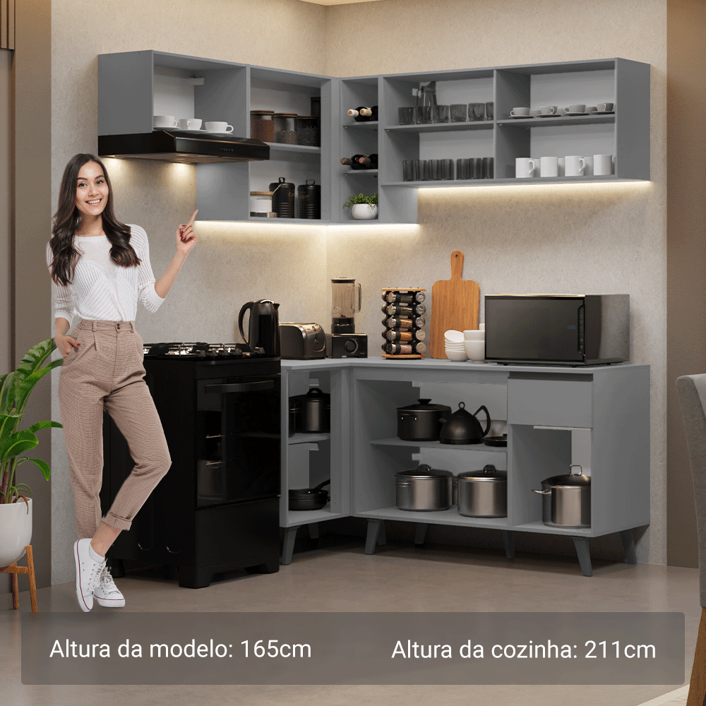 Armário de Cozinha Completa de Canto 325cm Cinza Nice Madesa 06