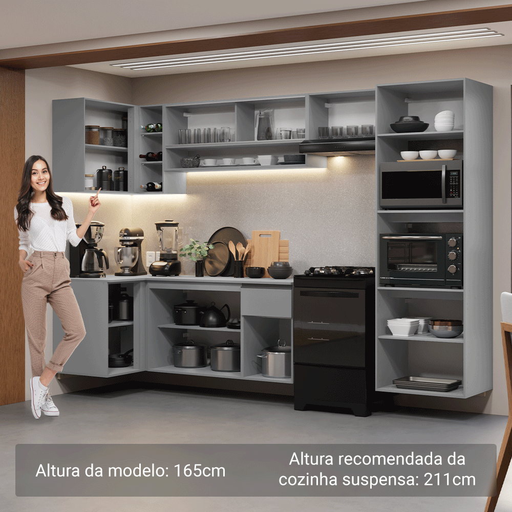 Armário de Cozinha Completa de Canto Suspenso 385cm Cinza Nice Madesa 01