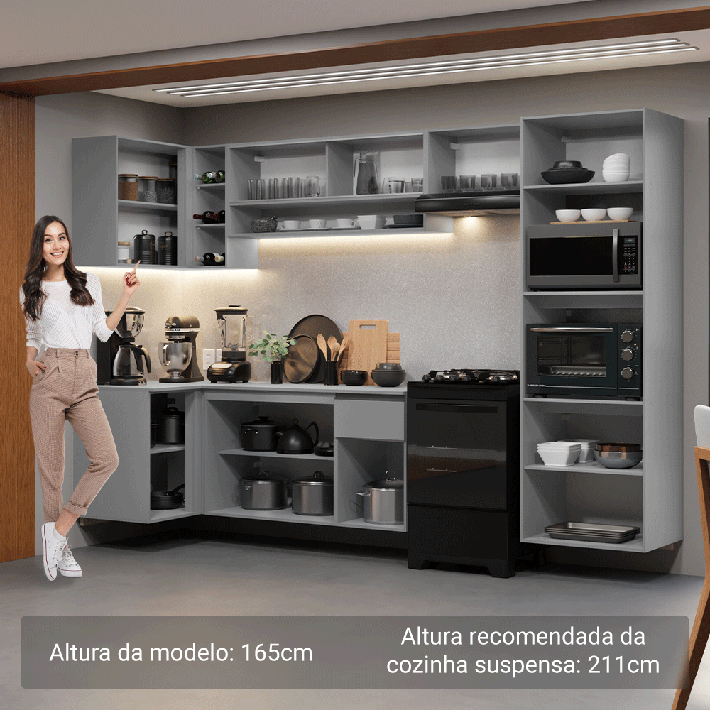 Armário de Cozinha Completa de Canto Suspenso 385cm Cinza Nice Madesa 02