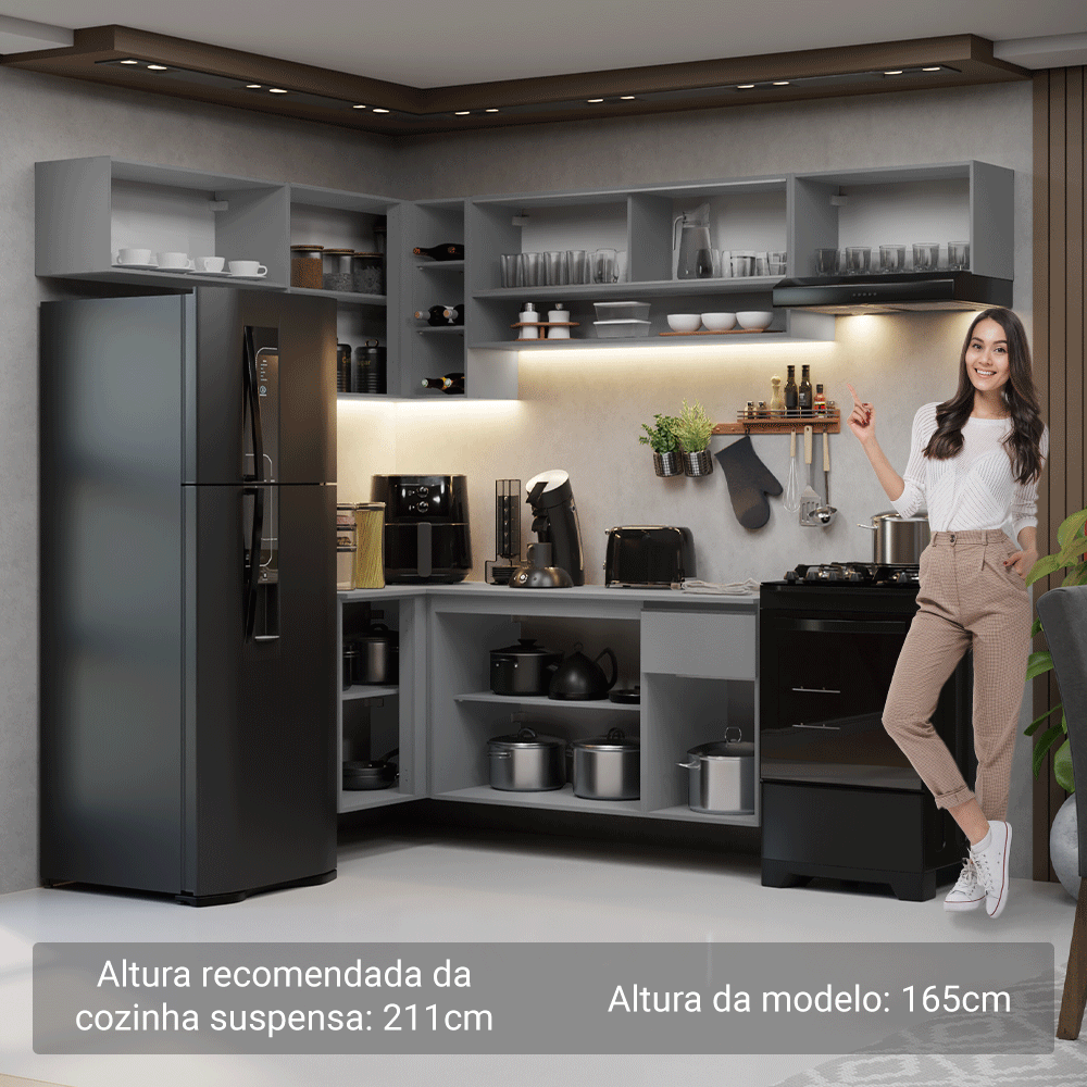 Armário de Cozinha Completa de Canto Suspenso 405cm Cinza Nice Madesa 03