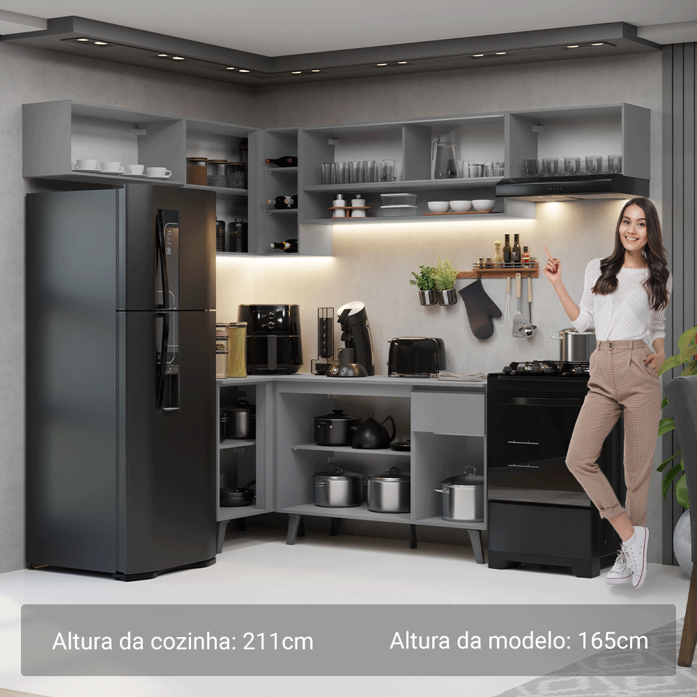 Armário de Cozinha Completa de Canto 405cm Cinza Nice Madesa 05