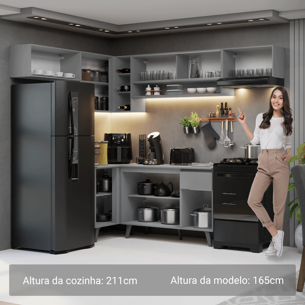Armário de Cozinha Completa de Canto 405cm Cinza Nice Madesa 06