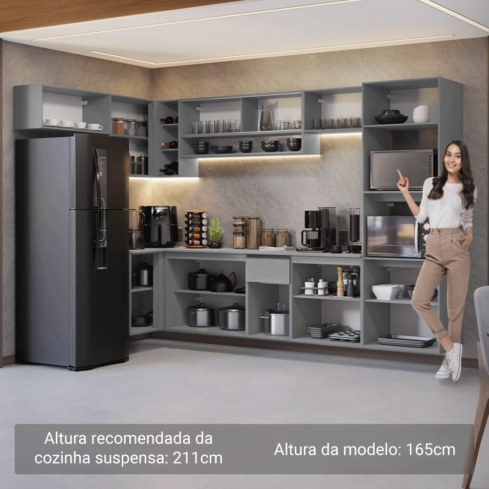 Armário de Cozinha Completa de Canto Suspenso 465cm Cinza Nice Madesa 02