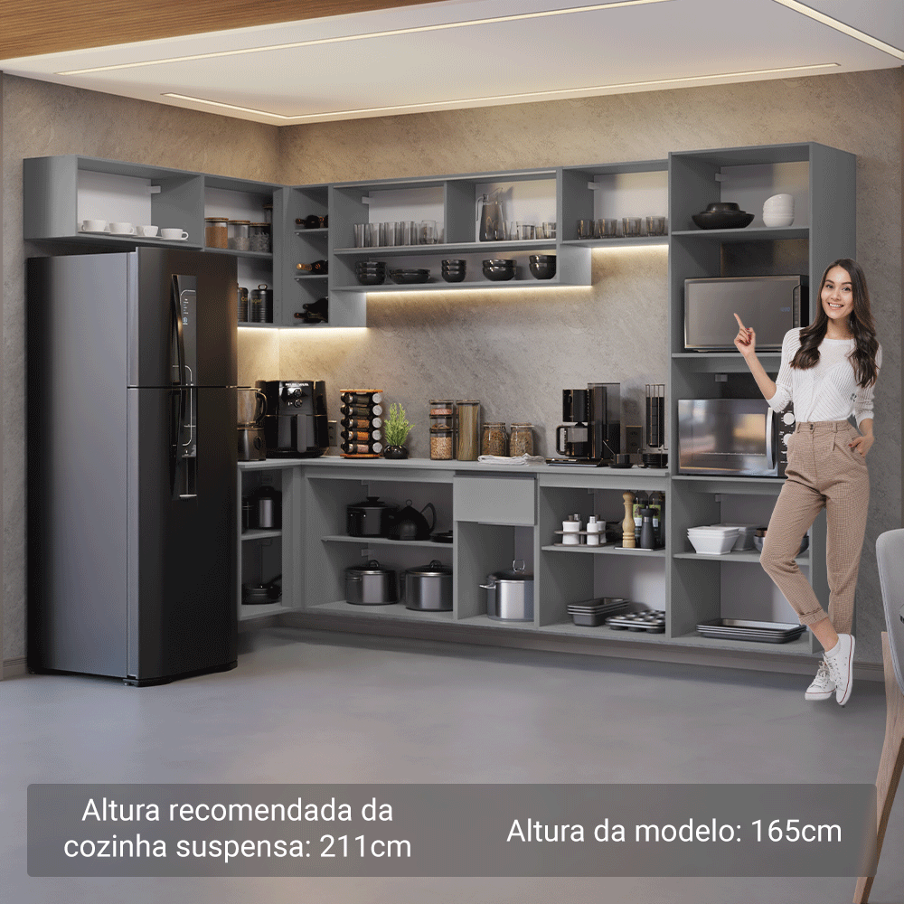Armário de Cozinha Completa de Canto Suspenso 465cm Cinza Nice Madesa 03
