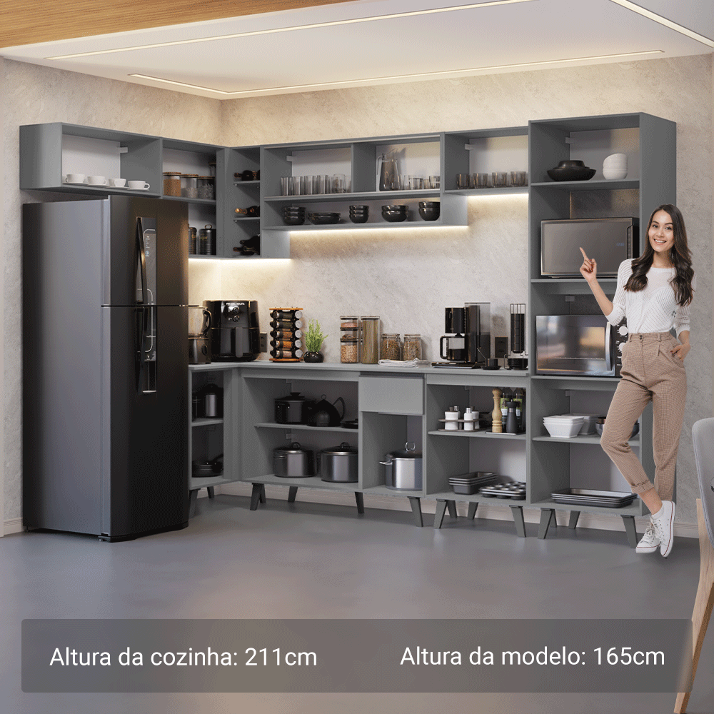 Armário de Cozinha Completa de Canto 465cm Cinza Nice Madesa 04