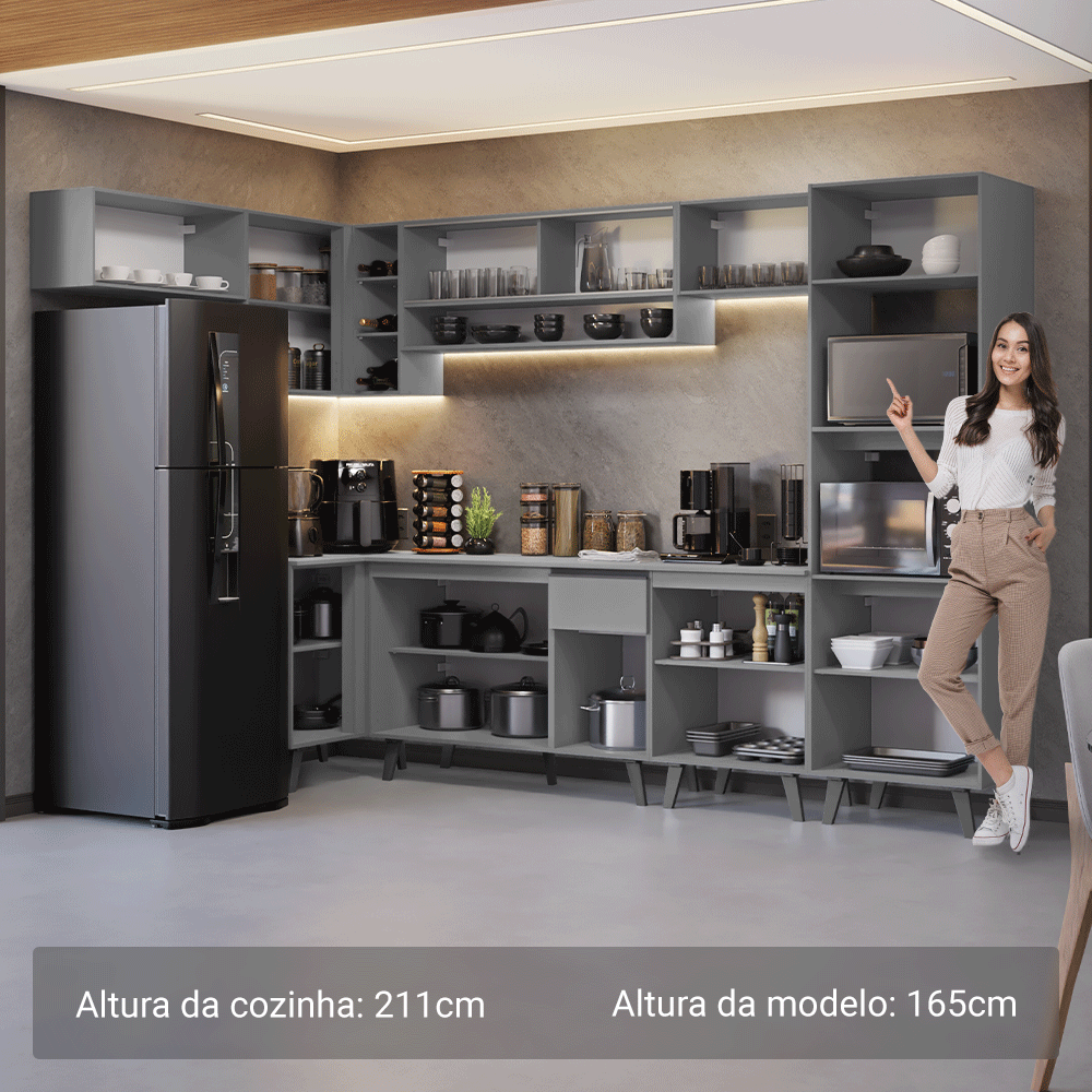 Armário de Cozinha Completa de Canto 465cm Cinza Nice Madesa 05