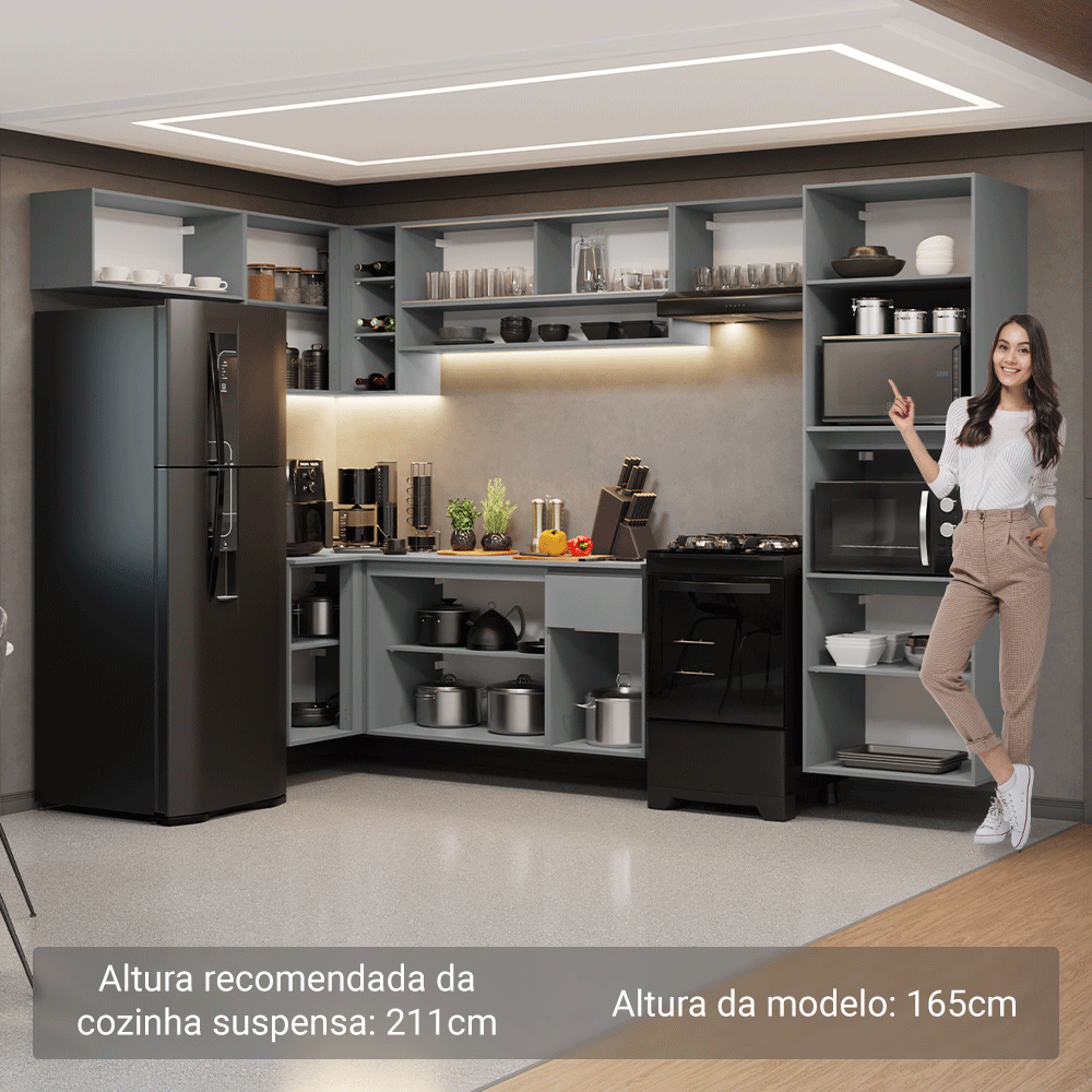 Armário de Cozinha Completa de Canto Suspenso 465cm Cinza Nice Madesa 06