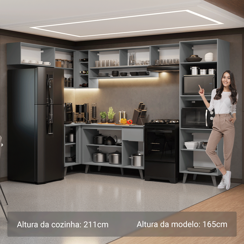 Armário de Cozinha Completa de Canto 465cm Cinza Nice Madesa 08