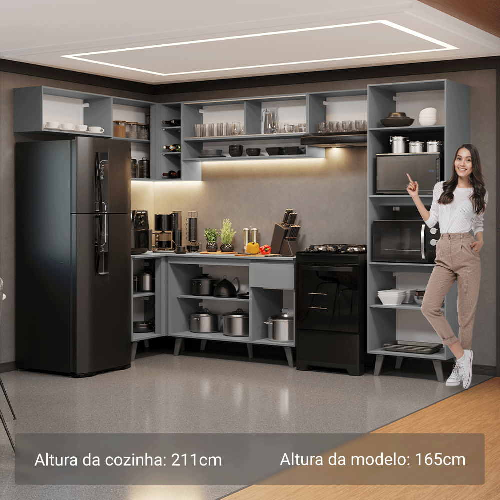 Armário de Cozinha Completa de Canto 465cm Cinza Nice Madesa 09