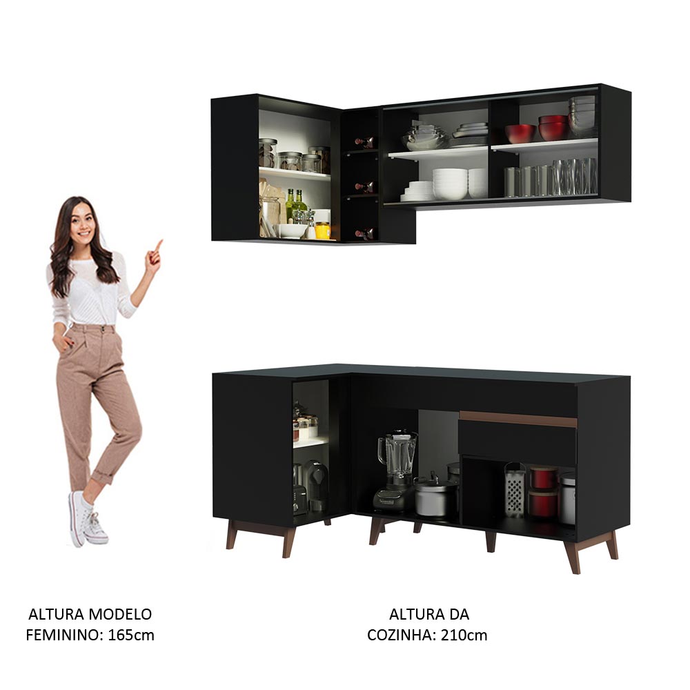 Armário de Cozinha Completa de Canto 262cm Preto Reims Madesa 01