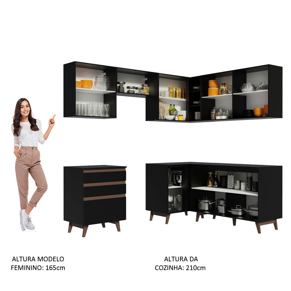 Armário de Cozinha Completa de Canto 392cm Preto Reims Madesa 01