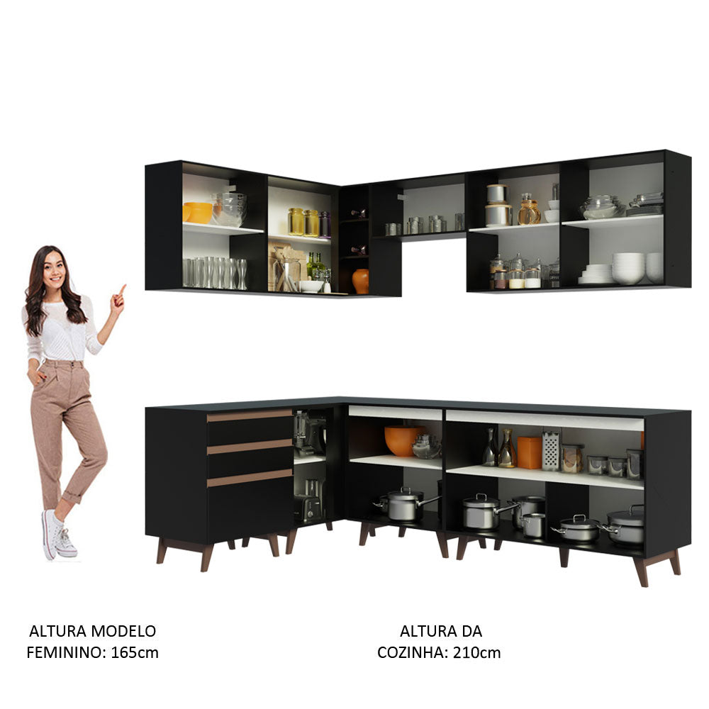 Armário de Cozinha Completa de Canto 392cm Preto Reims Madesa 02