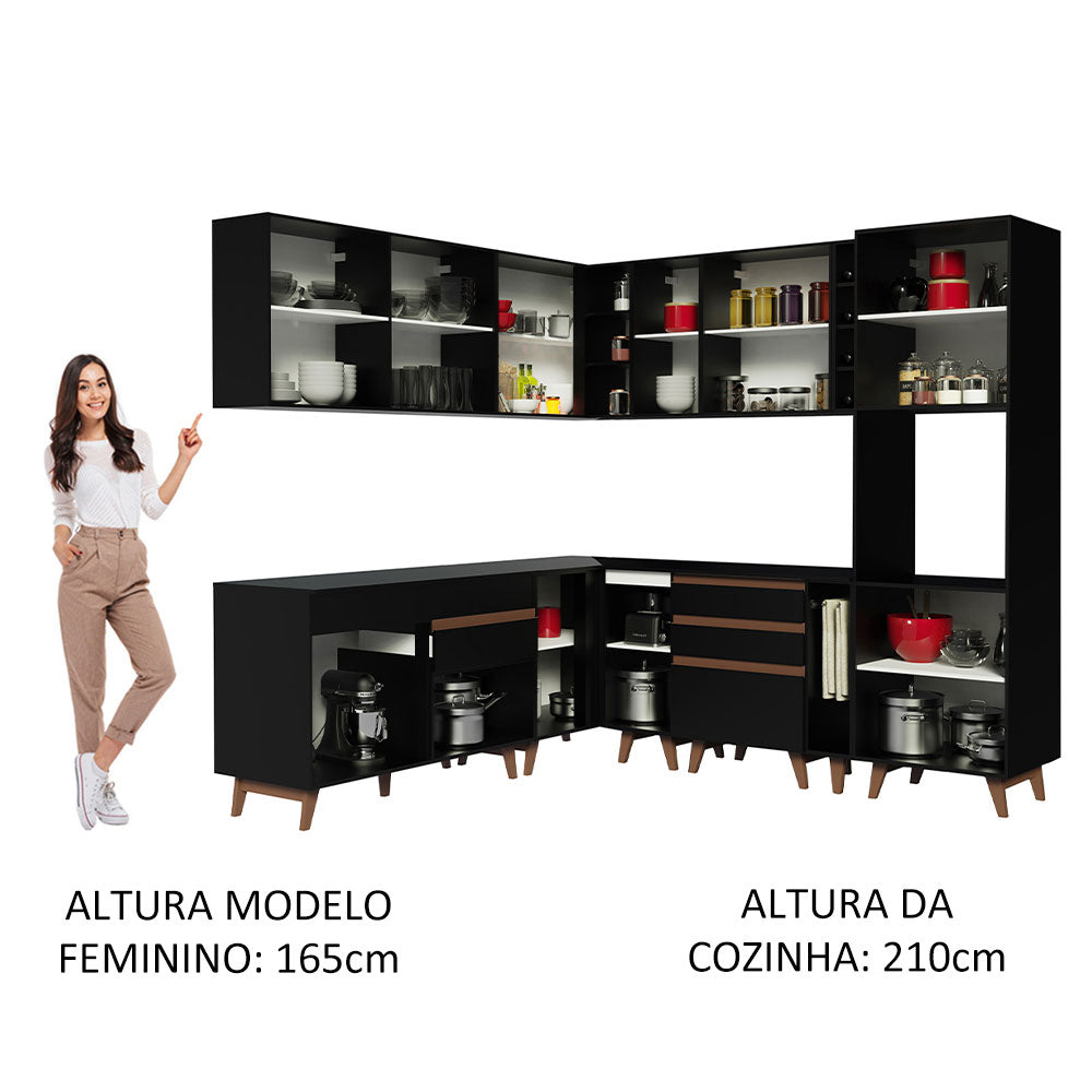 Armário de Cozinha Completa de Canto 437cm Preto Reims Madesa 01