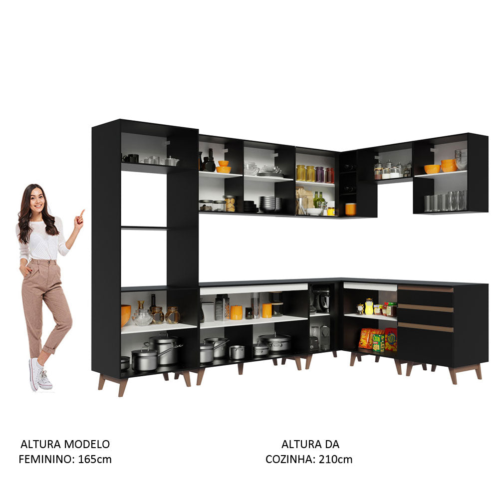 Armário de Cozinha Completa de Canto 462cm Preto Reims Madesa 01